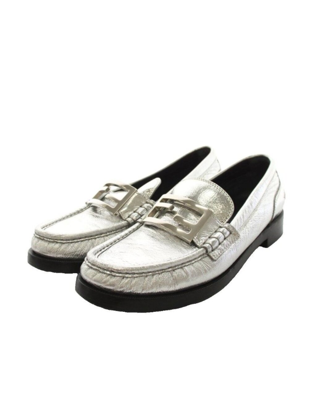 Fendi Baguette Loafers Leather Zucca Pattern Plate Silver Colored